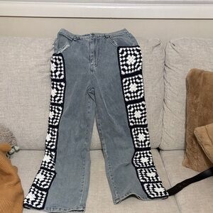 Vici Blue Jeans with Black and White Crochet Panels